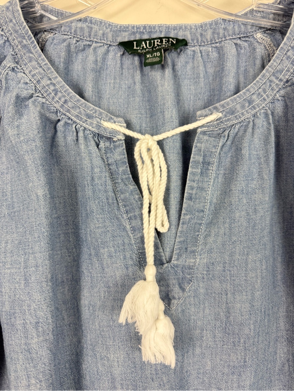 Lauren Ralph Lauren Top XL Blue Chambray Peasant Tassel Ruffle Sleeves Boho - Picture 3 of 8